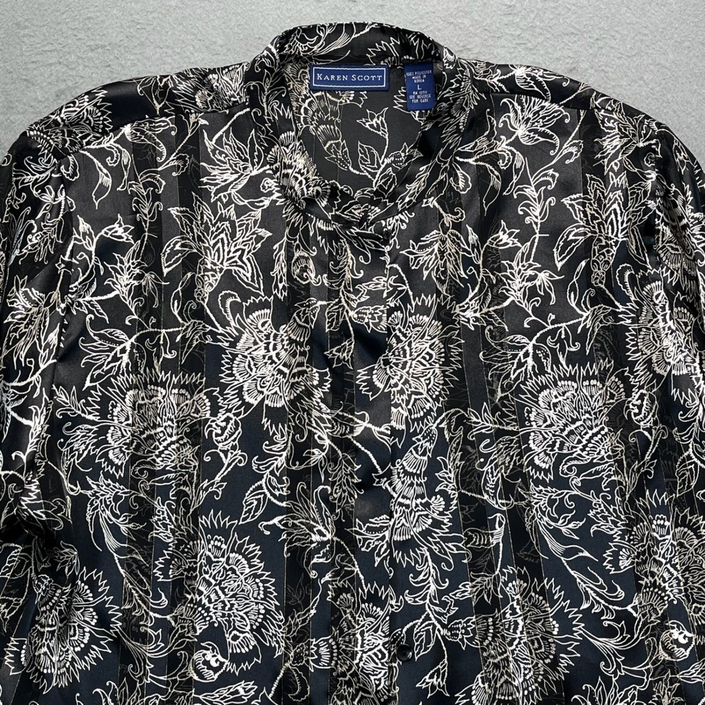 Karen Scott Women Blouse Polyester Floral Black White Large Elegant Button Front